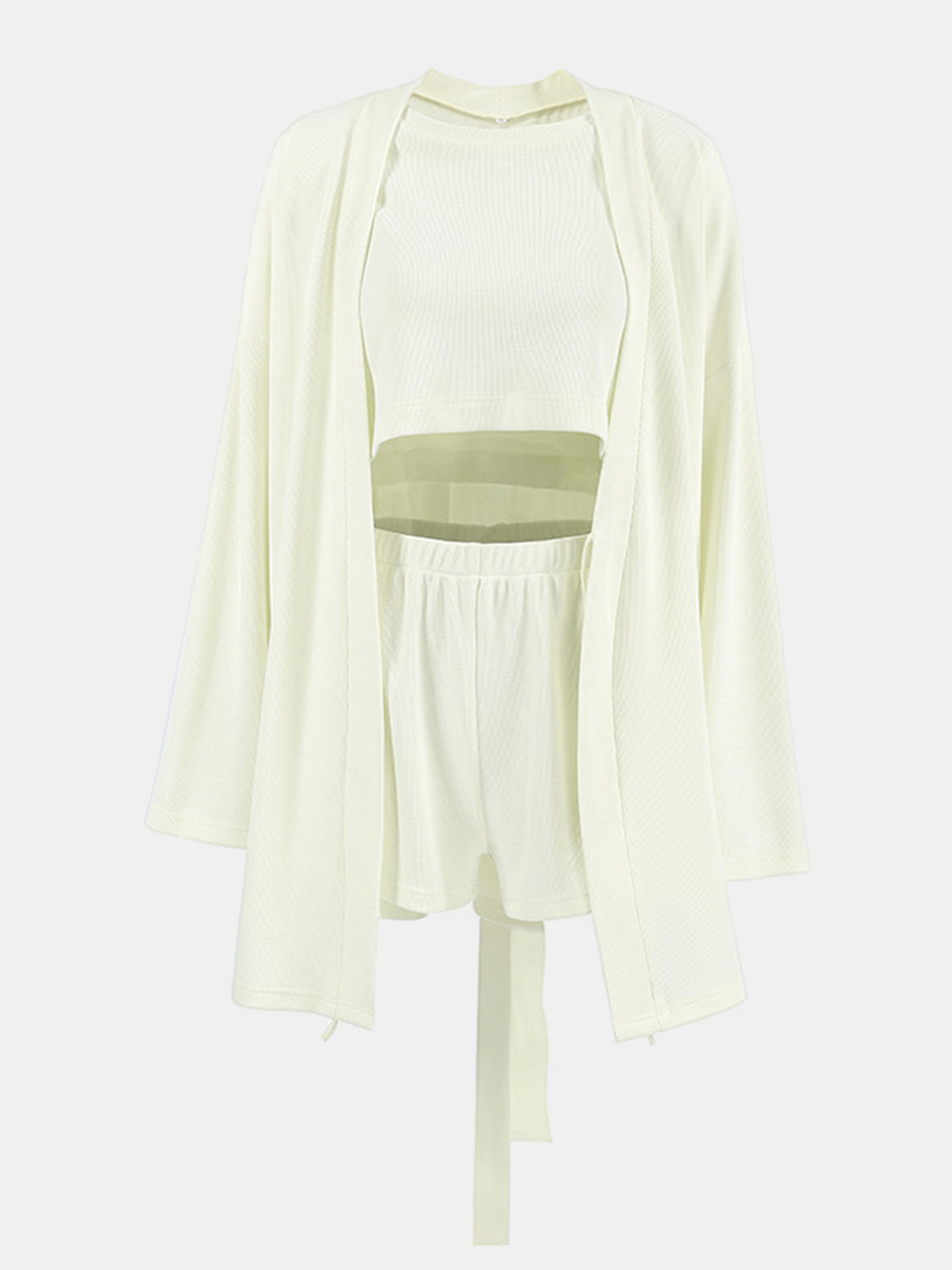 Three-piece set: waffle knit round neck T-shirt, open front cardigan, and shorts.