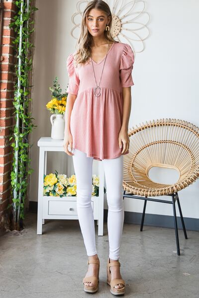 Heimish Full Size Waffle Knit V-Neck Babydoll Top.