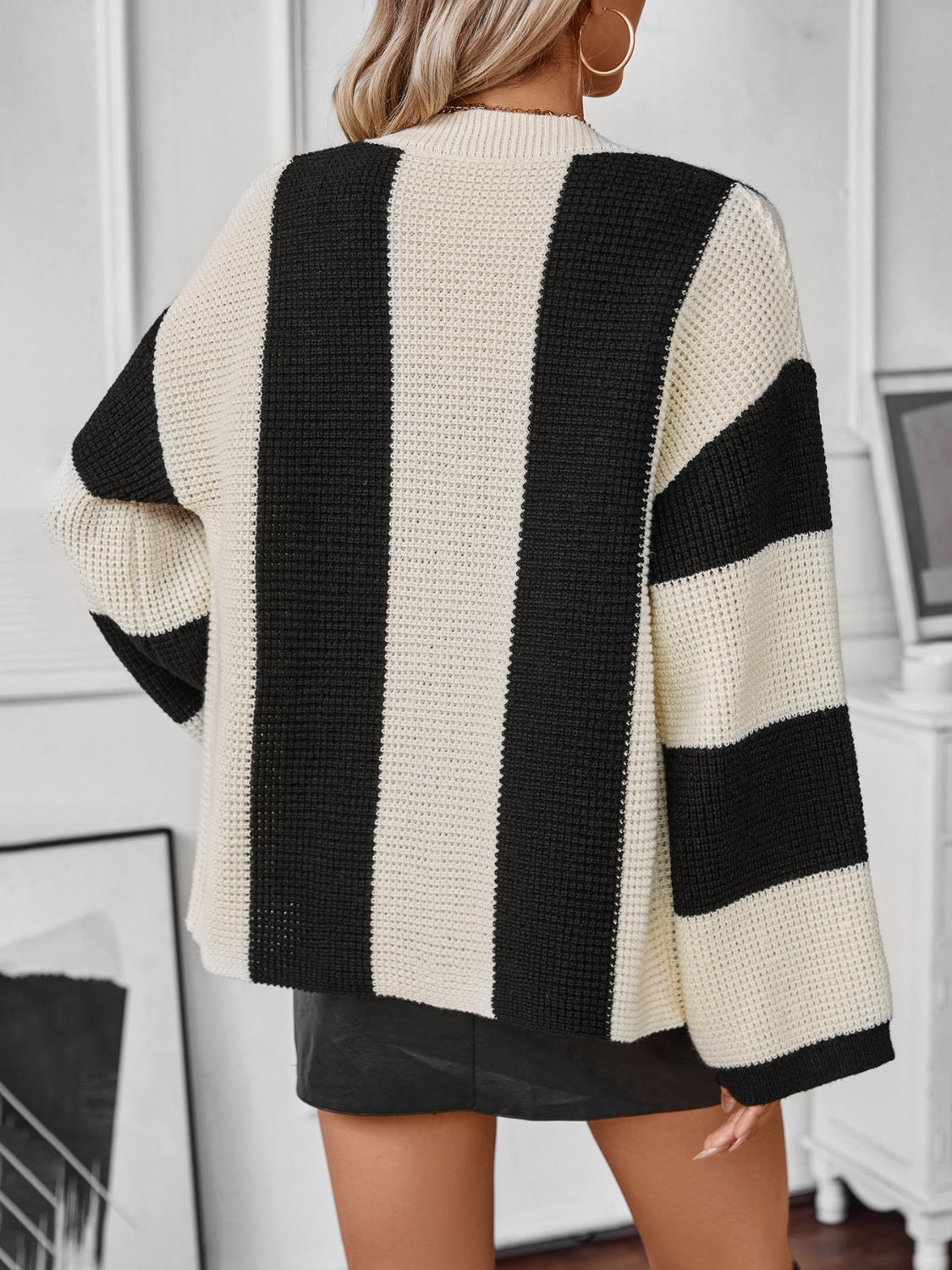 Waffle knit V-neck striped long sleeve cardigan.