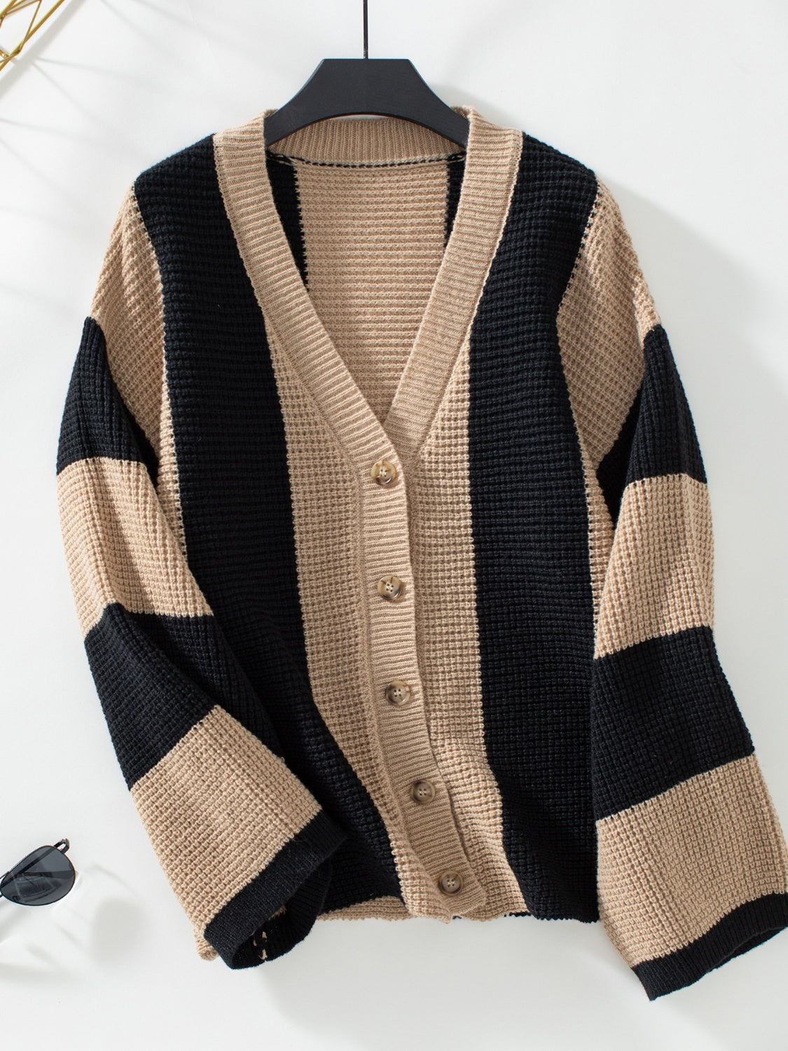 Waffle knit V-neck striped long sleeve cardigan.
