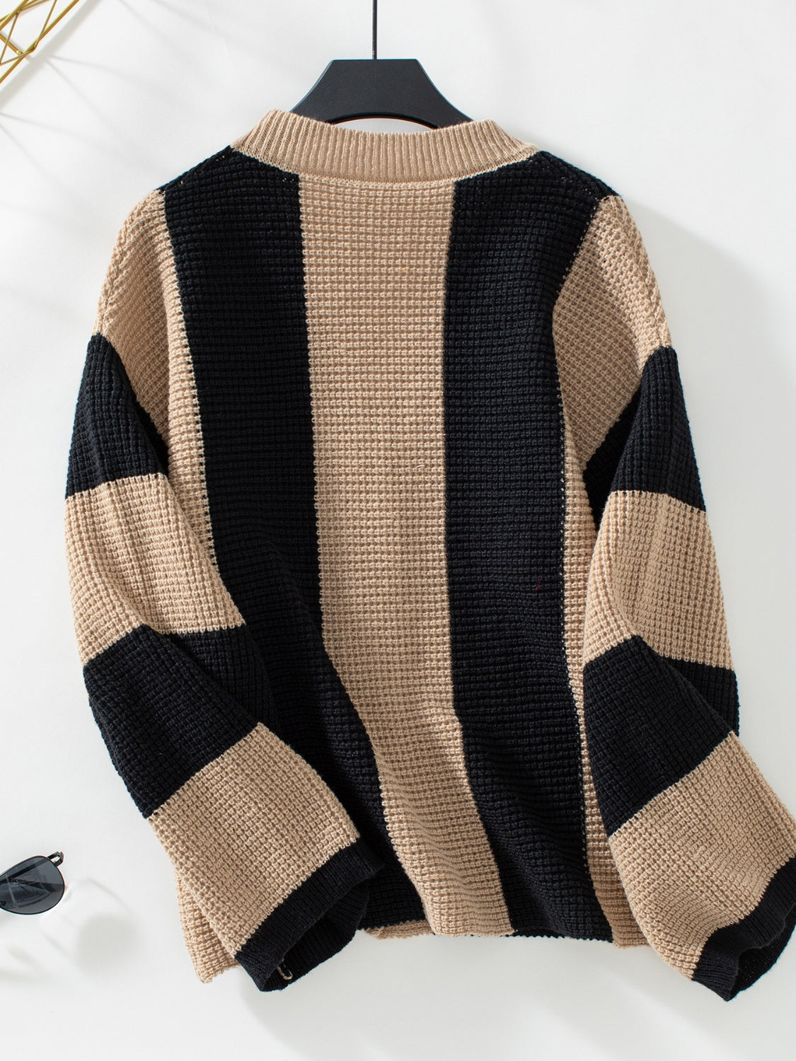 Waffle knit V-neck striped long sleeve cardigan.