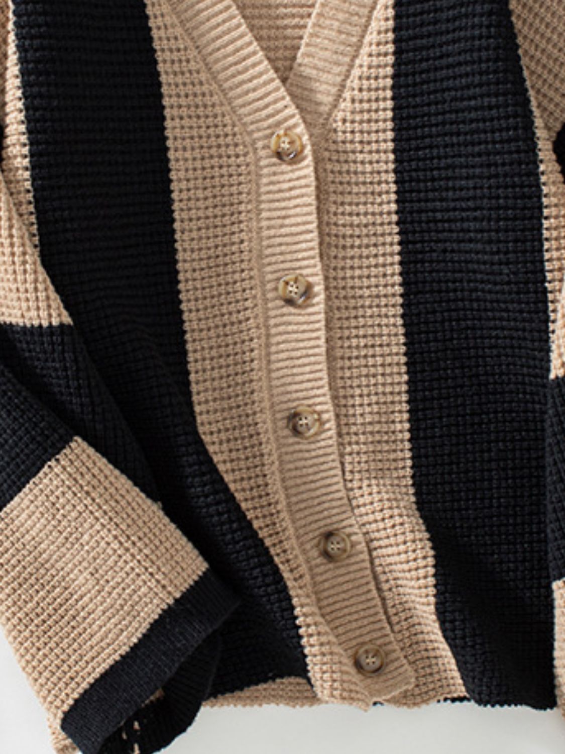 Waffle knit V-neck striped long sleeve cardigan.