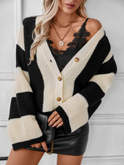 Waffle knit V-neck striped long sleeve cardigan.
