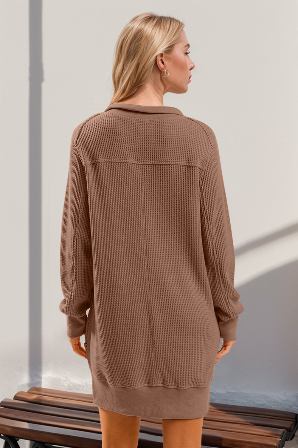 Double Take Waffle Long Sleeve Mini Dress with Pockets.