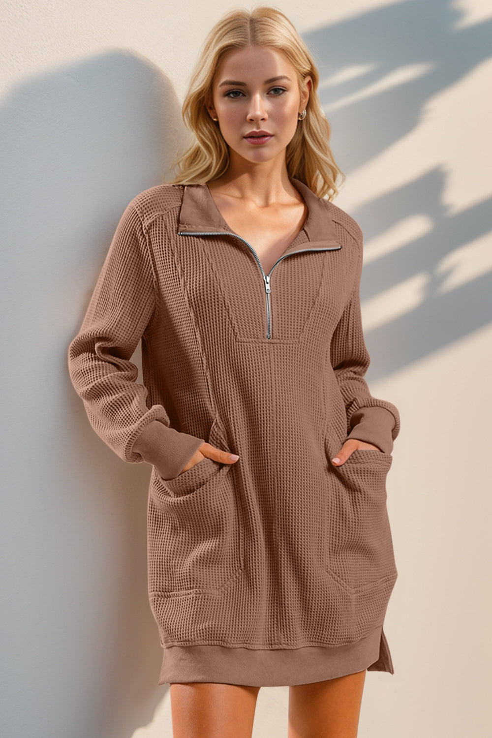 Double Take Waffle Long Sleeve Mini Dress with Pockets.