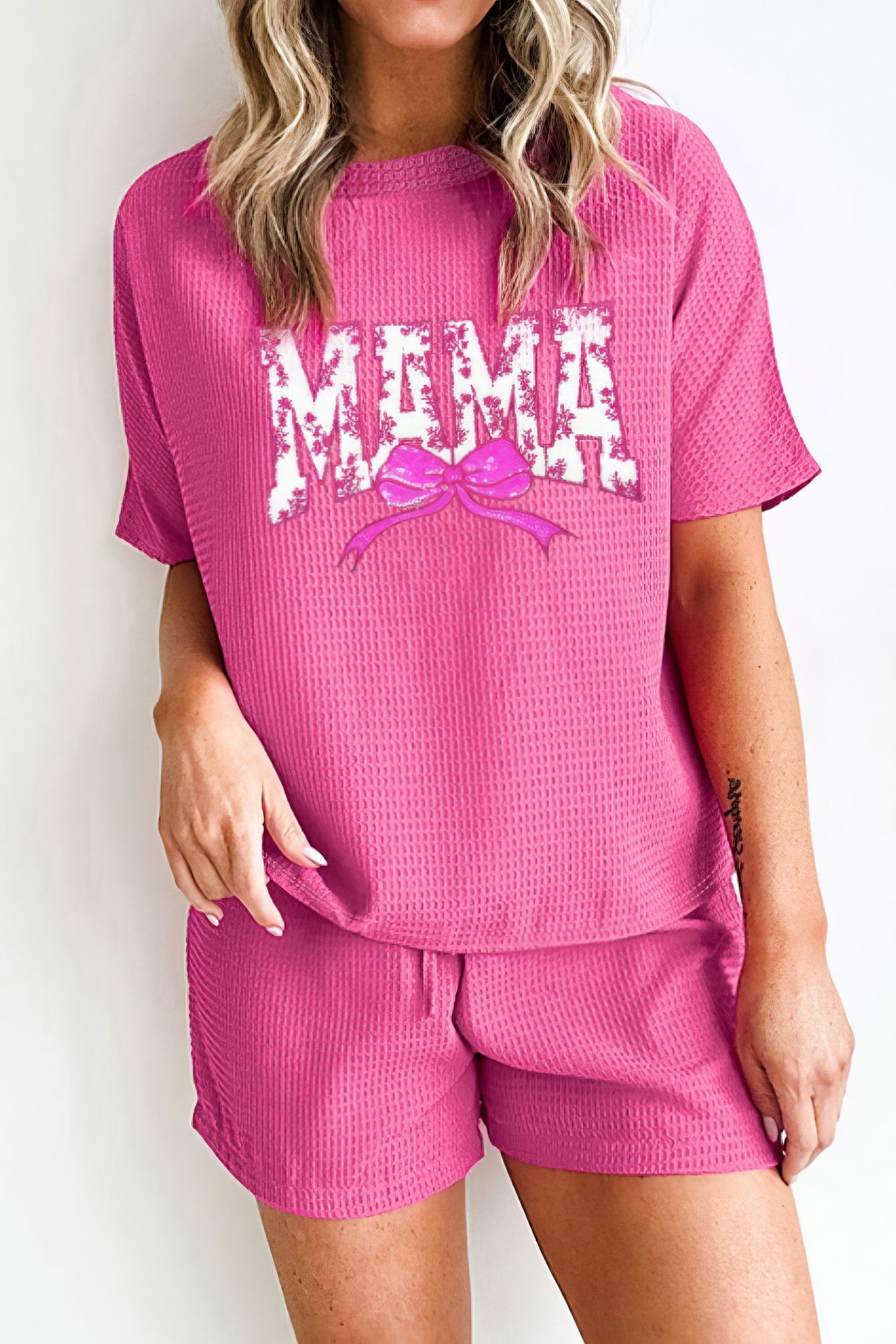 Women's waffle knit sequin floral MAMA bow graphic top and shorts set