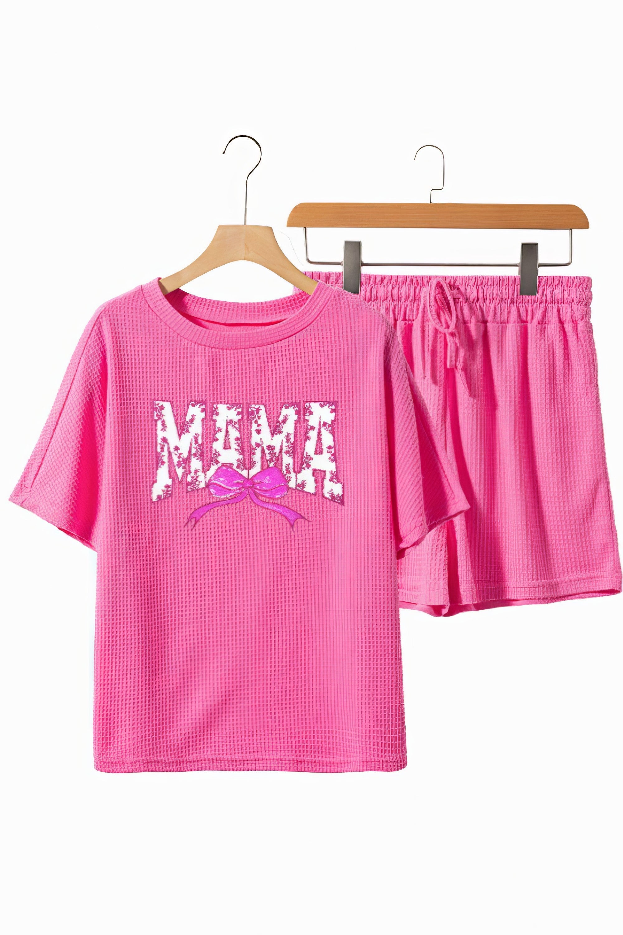Women's waffle knit sequin floral MAMA bow graphic top and shorts set