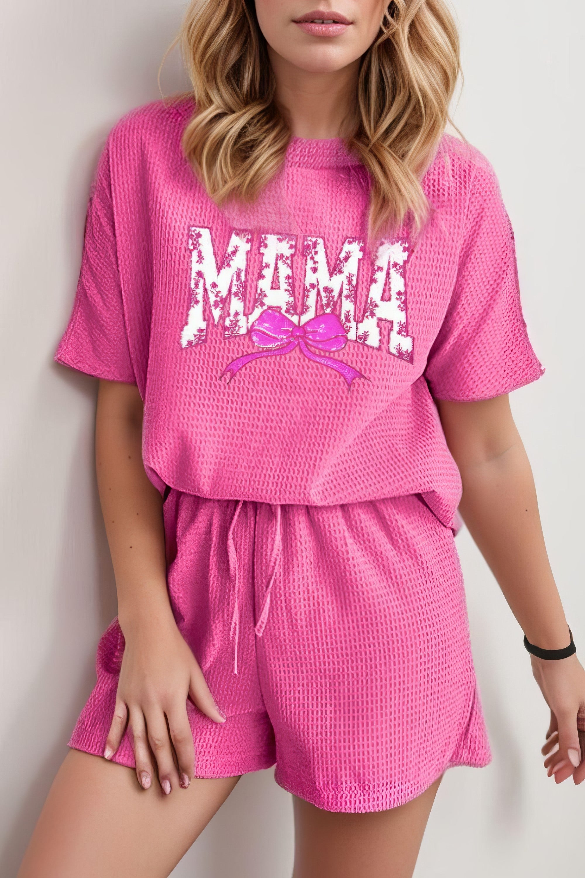 Women's waffle knit sequin floral MAMA bow graphic top and shorts set
