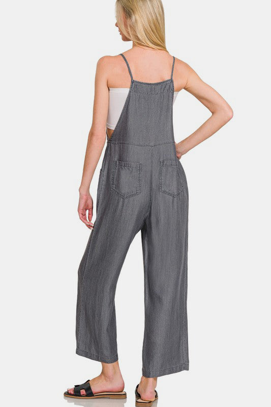 Washed Adjustable Strap Wide Leg Denim Overalls with Pockets.
