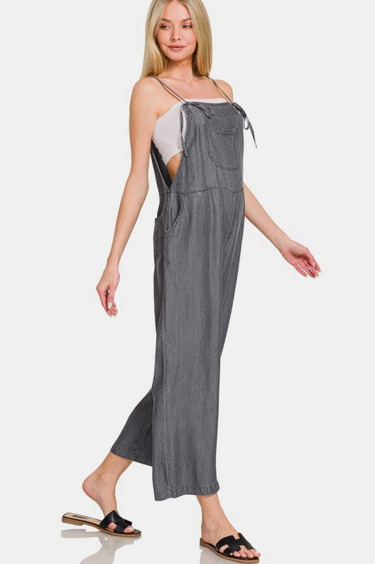 Washed Adjustable Strap Wide Leg Denim Overalls with Pockets.