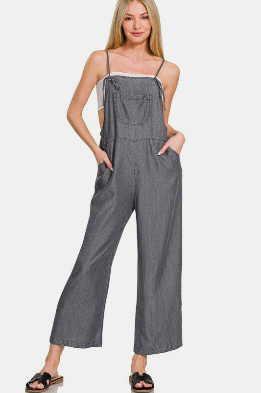 Surplice Wide Leg Jumpsuit with Pockets, Tied and Ruched.
