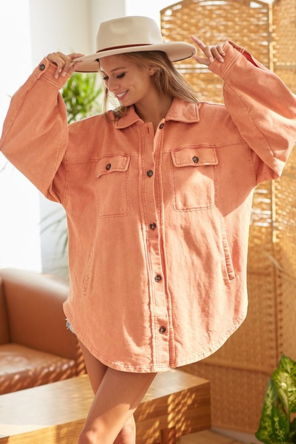 Bibi Washed Button Up Shacket with Chest Pockets.