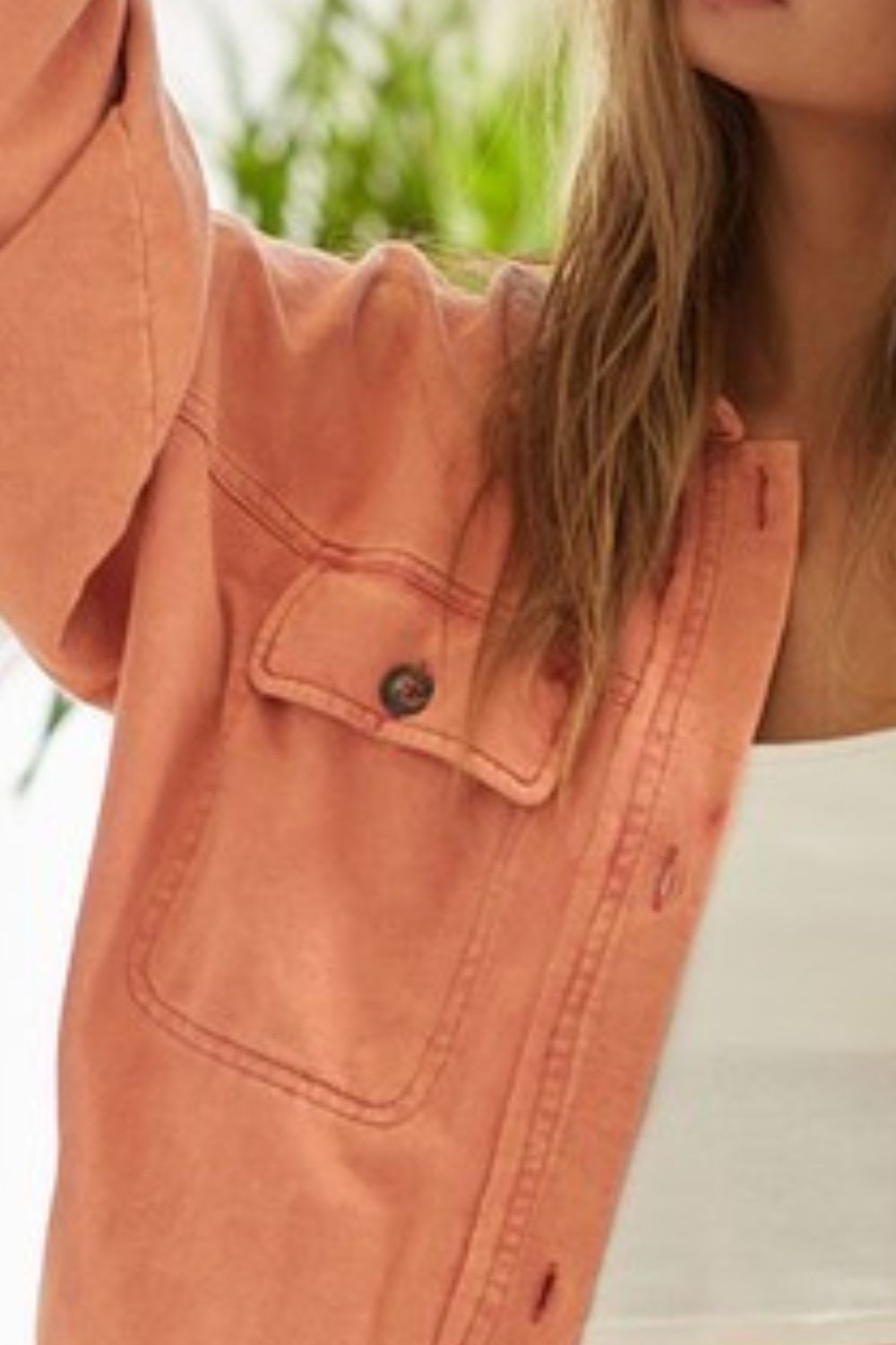 Bibi Washed Button Up Shacket with Chest Pockets.