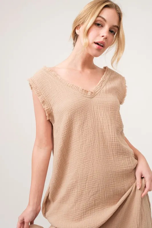 And The Why Washed Cotton Gauze Fringe Detail Tiered Dress.