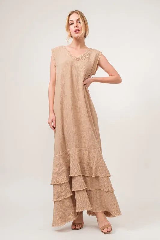 And The Why Washed Cotton Gauze Fringe Detail Tiered Dress.
