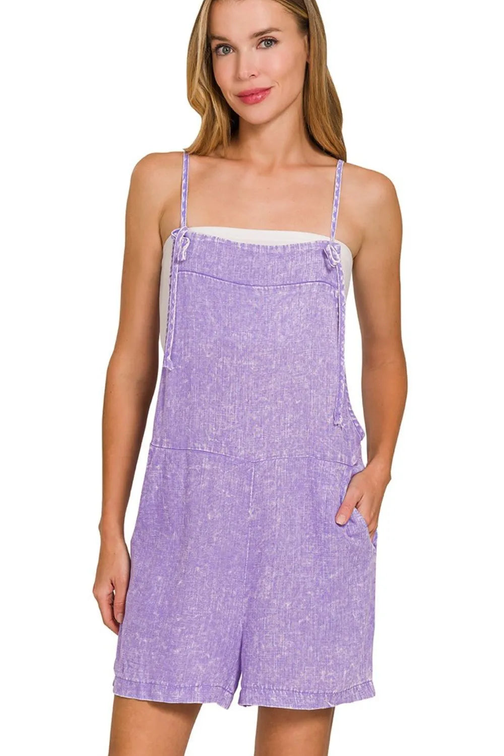 Washed Linen Knot Strap Rompers