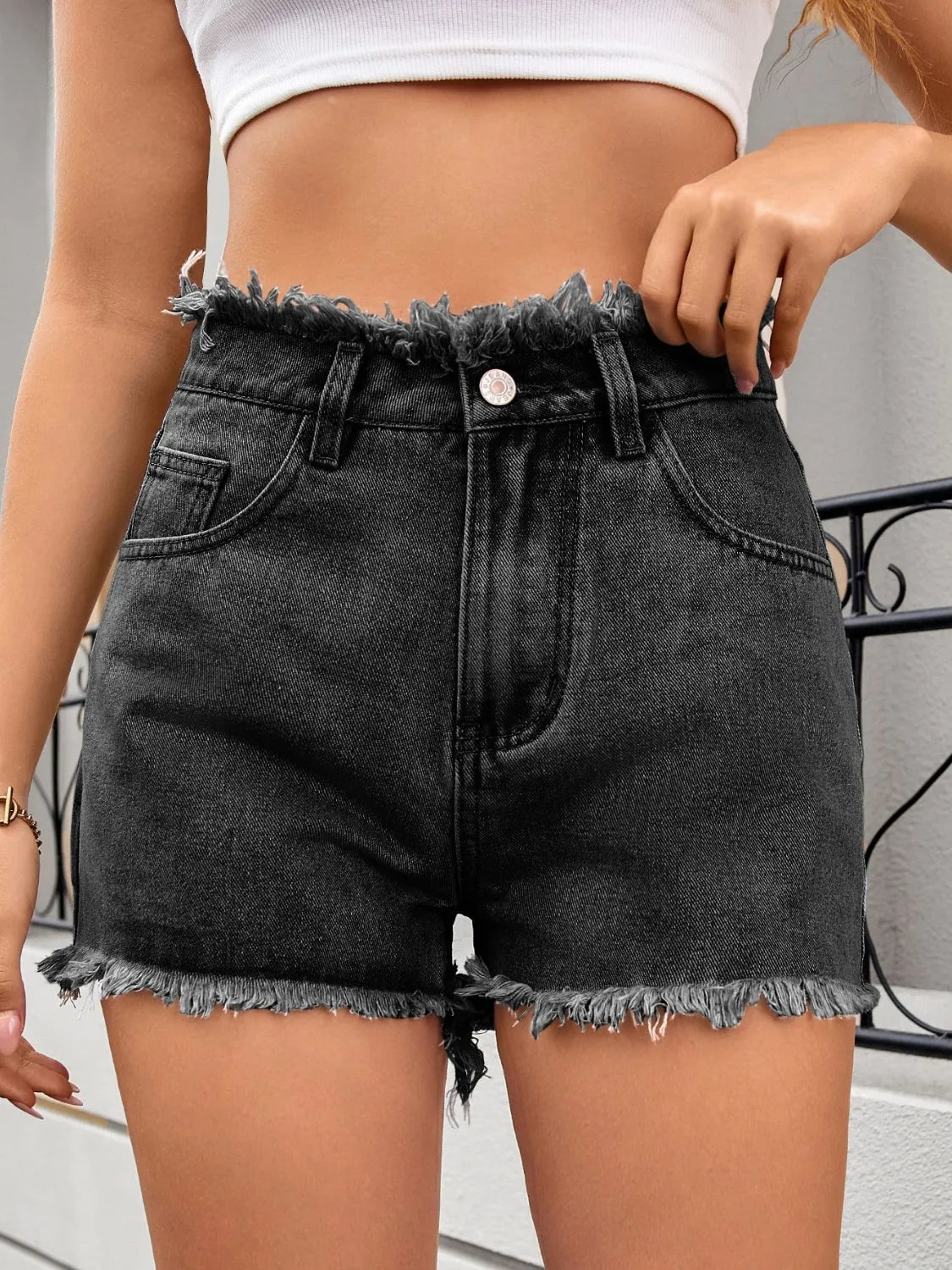 Washed Raw Hem Denim Shorts