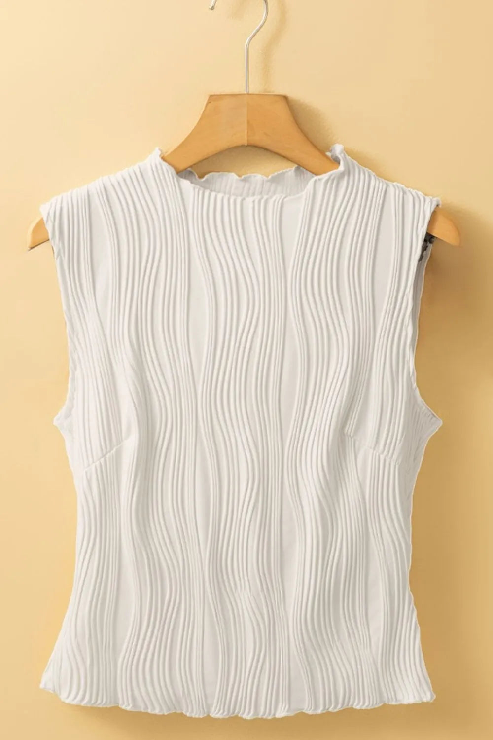 Wavy textured mock neck tank with ribbed details, slightly stretchy.