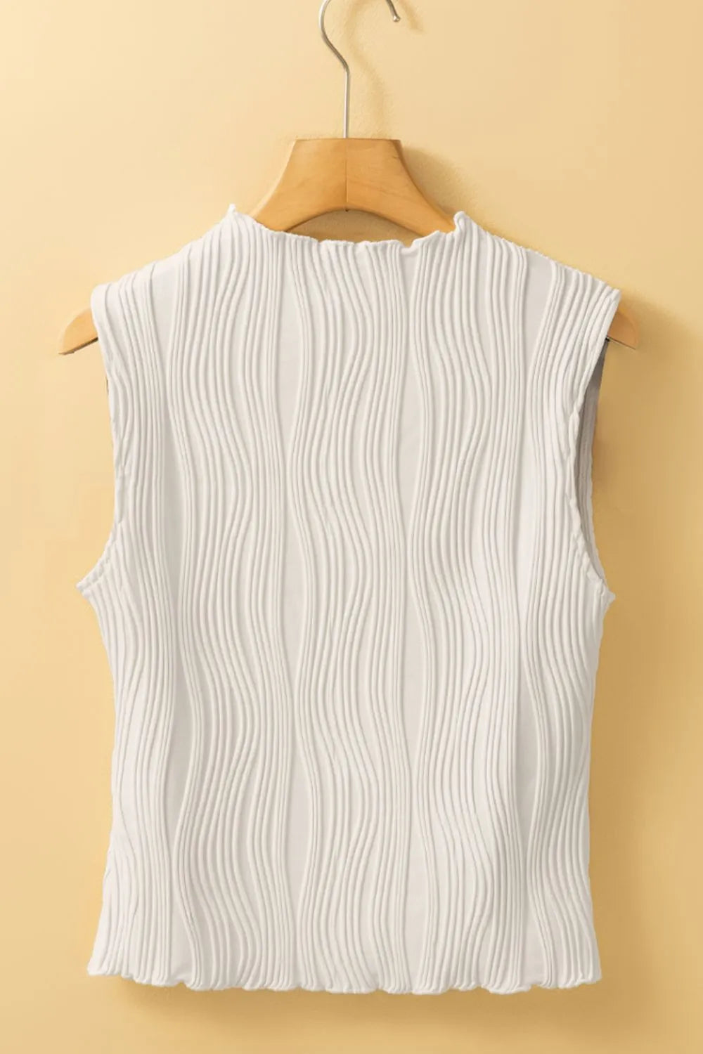 Wavy textured mock neck tank with ribbed details, slightly stretchy.