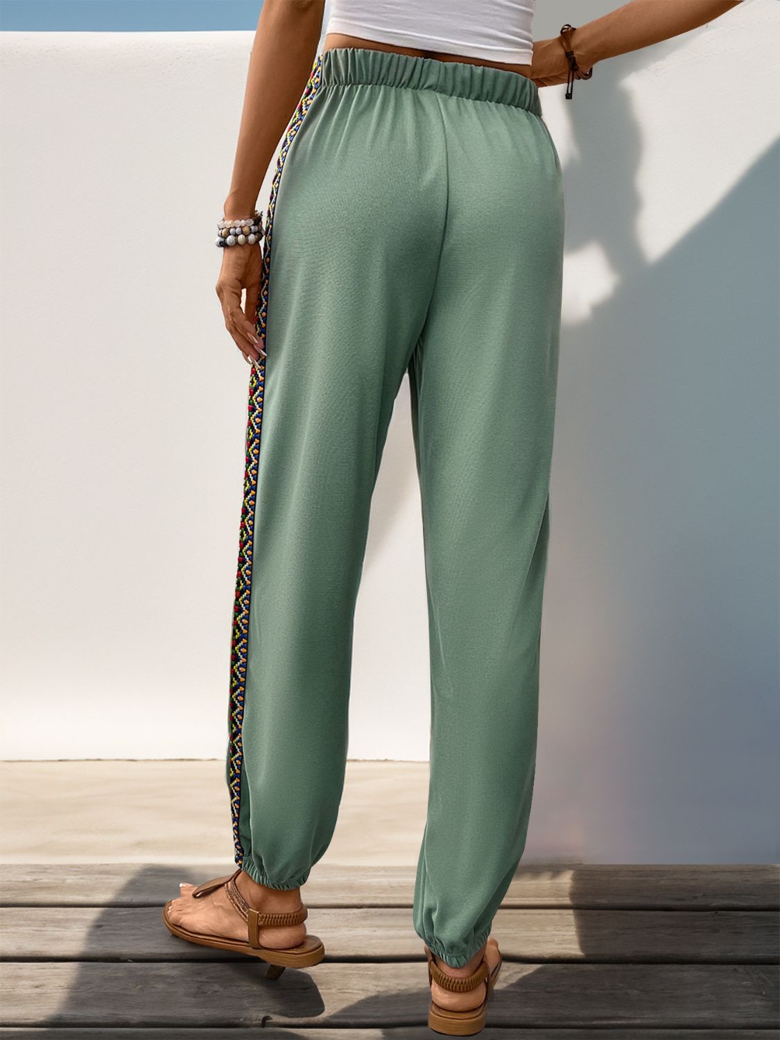 Weave band patchwork elastic waist joggers, opaque.