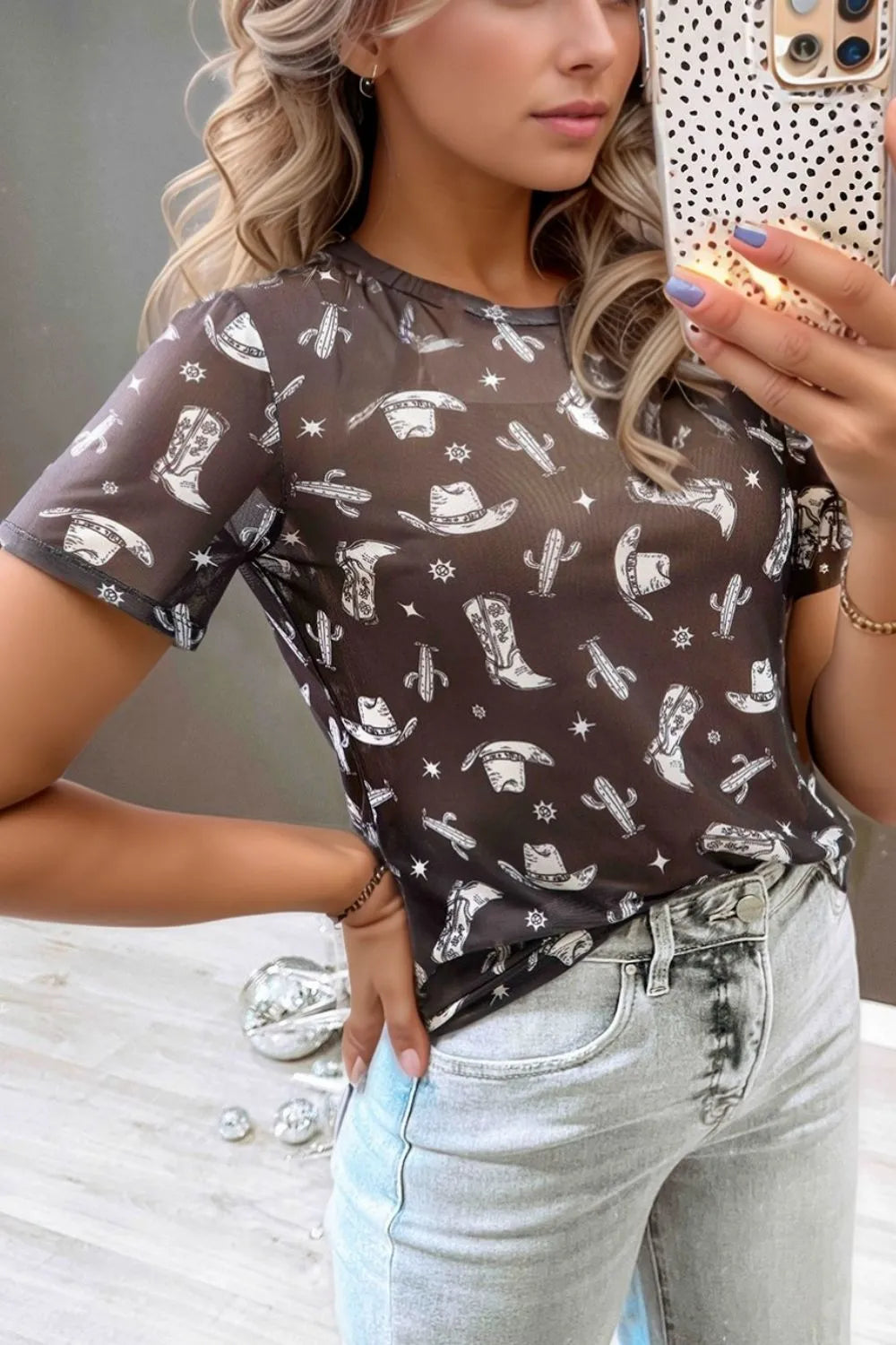 Western Pattern Mesh Sheer Crew Neck Top.