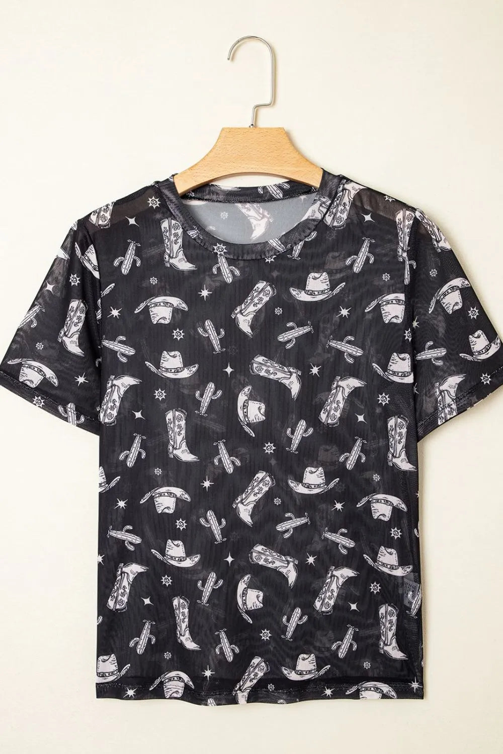 Western Pattern Mesh Sheer Crew Neck Top.