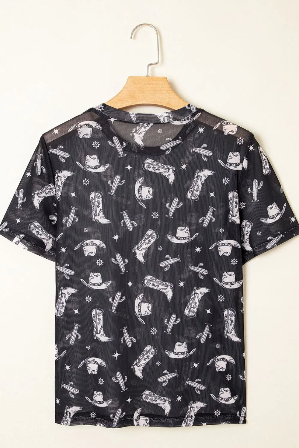 Western Pattern Mesh Sheer Crew Neck Top.