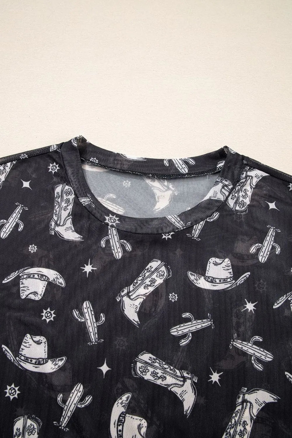 Western Pattern Mesh Sheer Crew Neck Top.