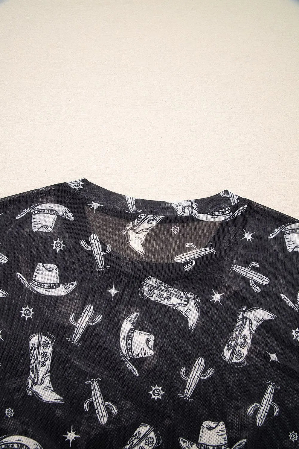 Western Pattern Mesh Sheer Crew Neck Top.