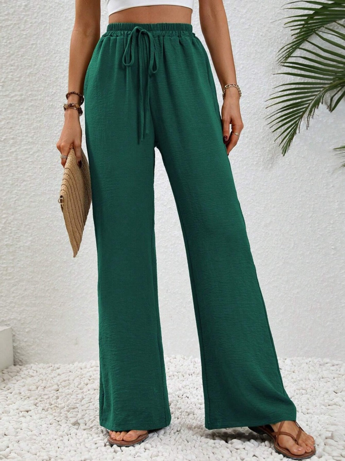 Wide leg drawstring pants, opaque.