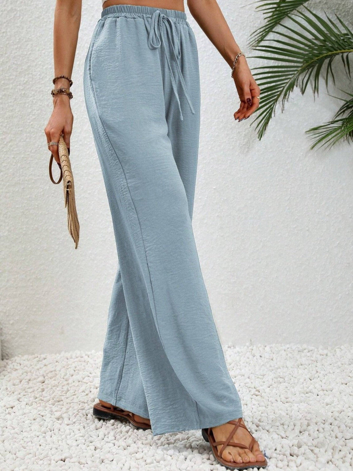 Wide leg drawstring pants, opaque.