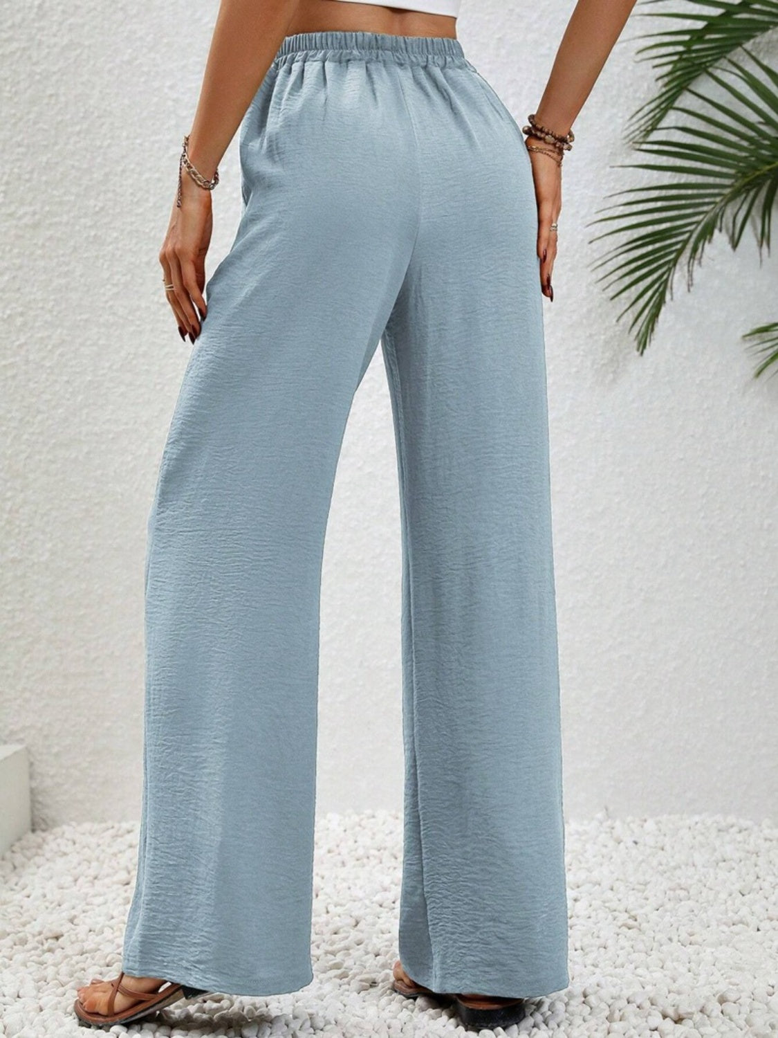 Wide leg drawstring pants, opaque.