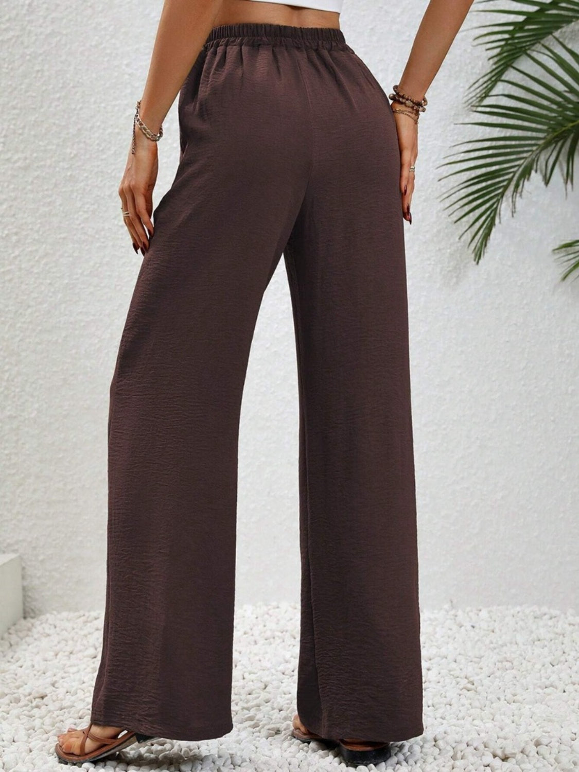 Wide leg drawstring pants, opaque.
