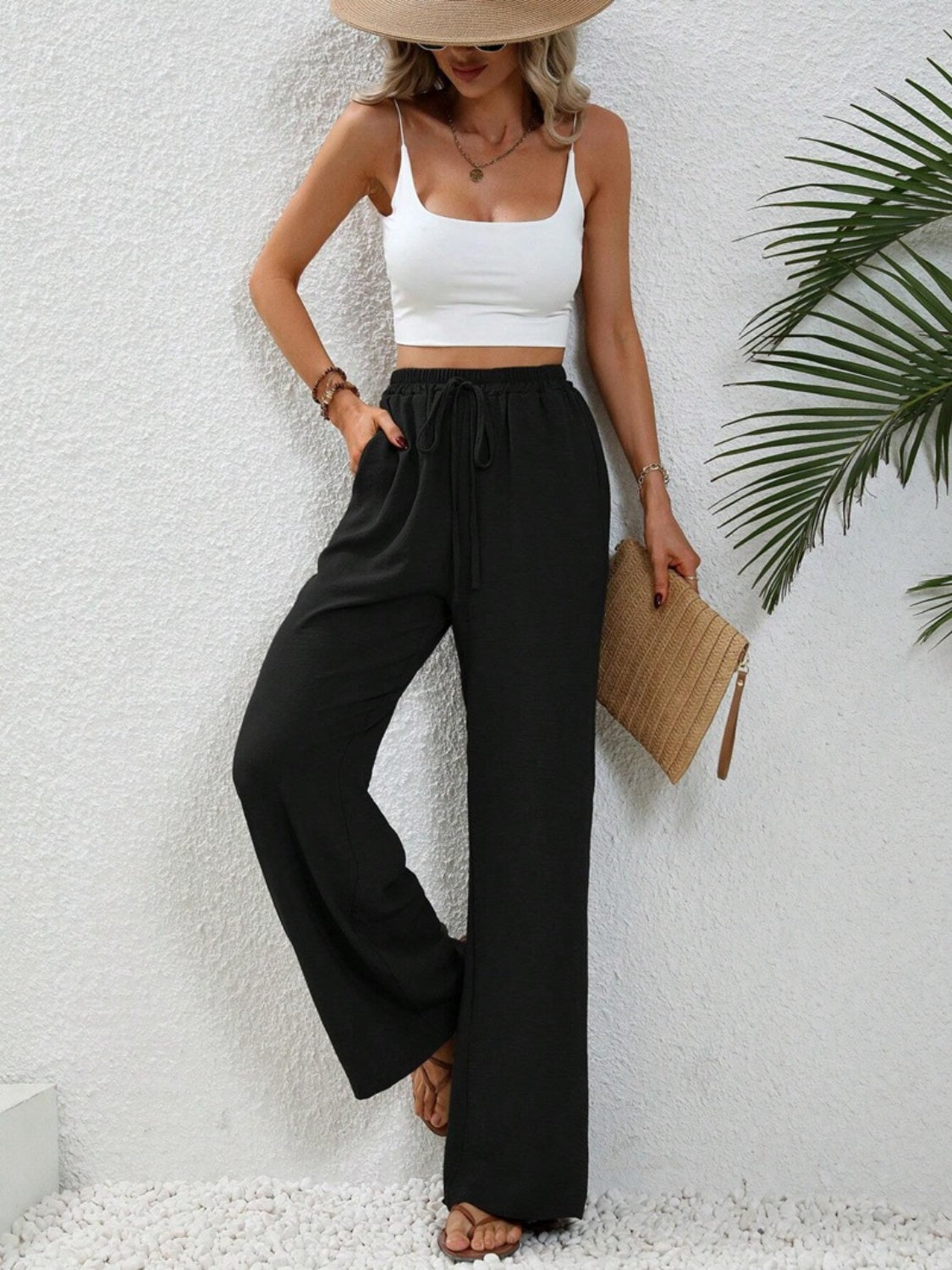 Wide leg drawstring pants, opaque.