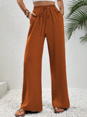 Wide leg drawstring pants, opaque.