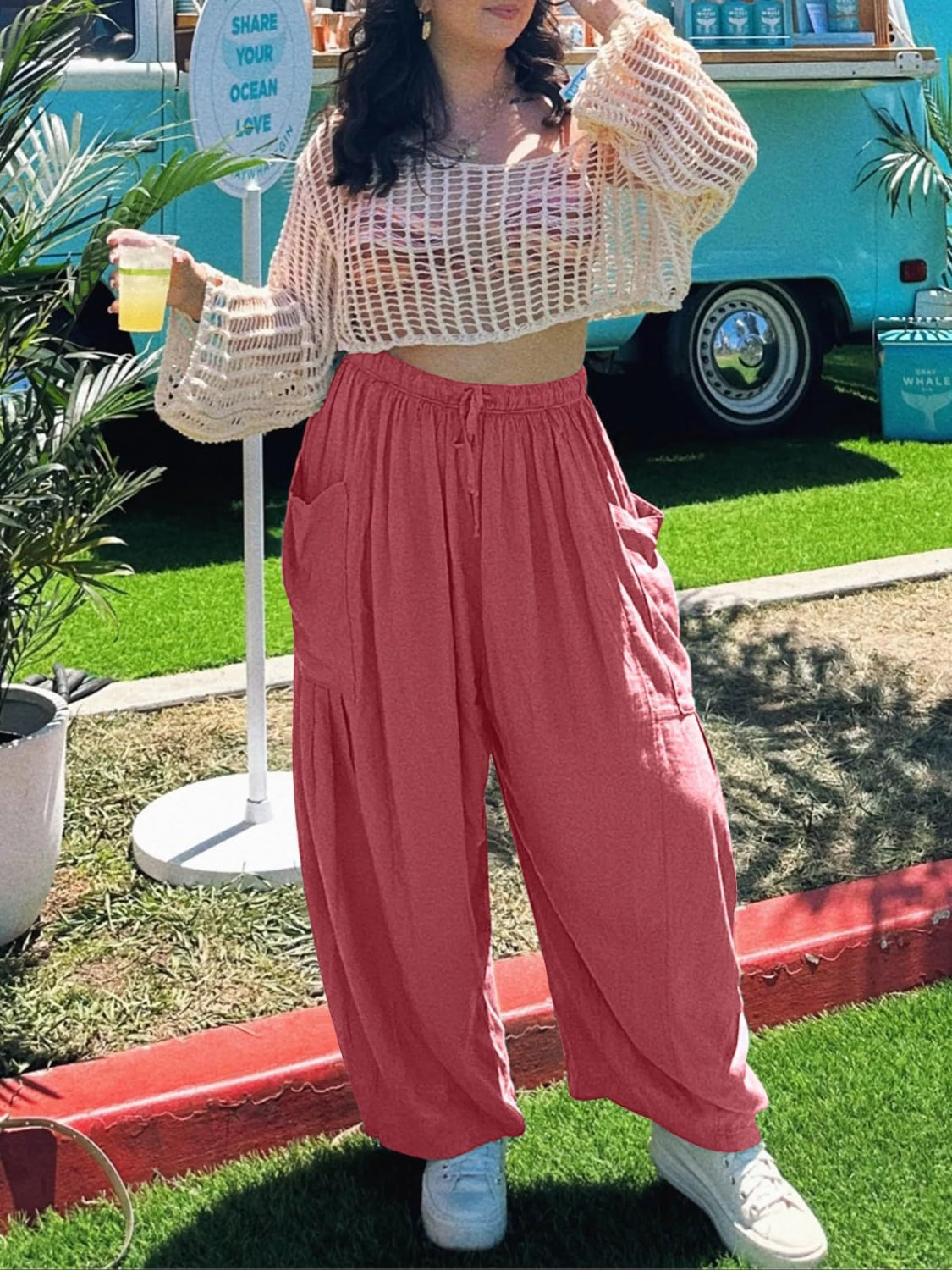 Wide leg pants with pockets plus size, opaque.