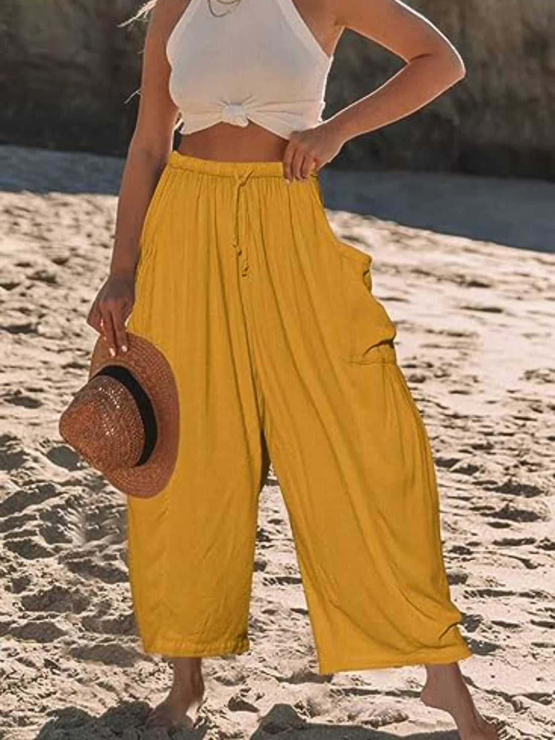 Wide leg pants with pockets plus size, opaque.