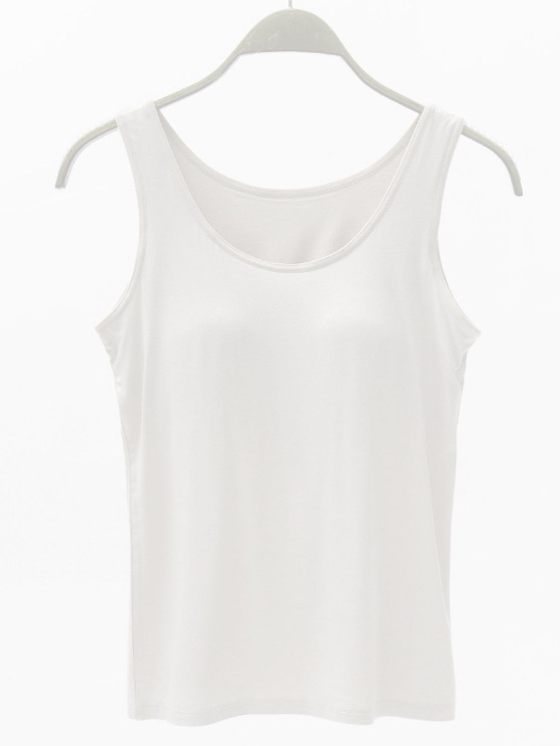 Full size wide strap modal tank with built-in bra, moderately stretchy.