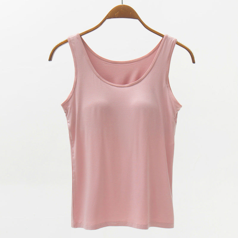 Full size wide strap modal tank with built-in bra, moderately stretchy.