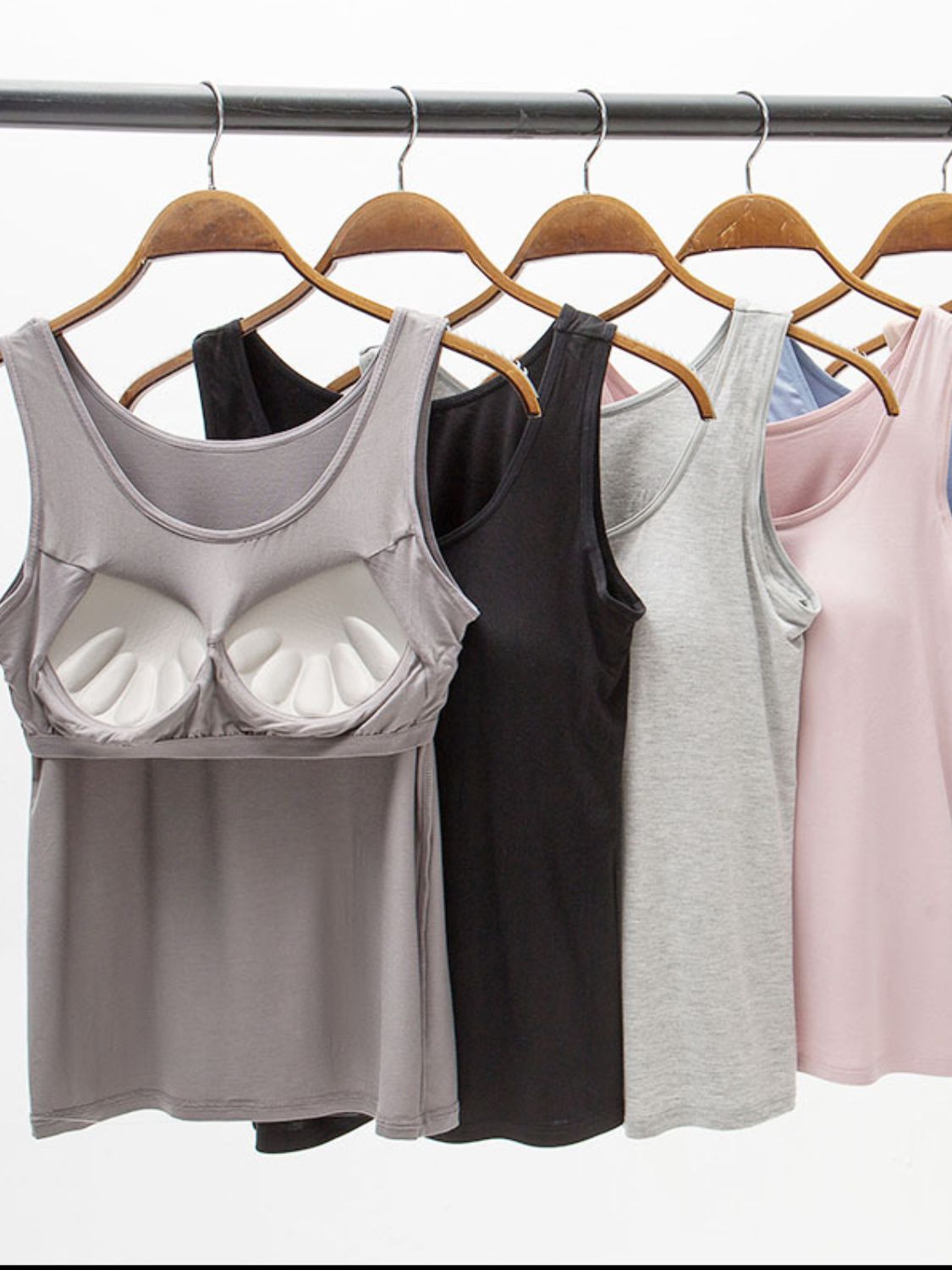 Full size wide strap modal tank with built-in bra, moderately stretchy.
