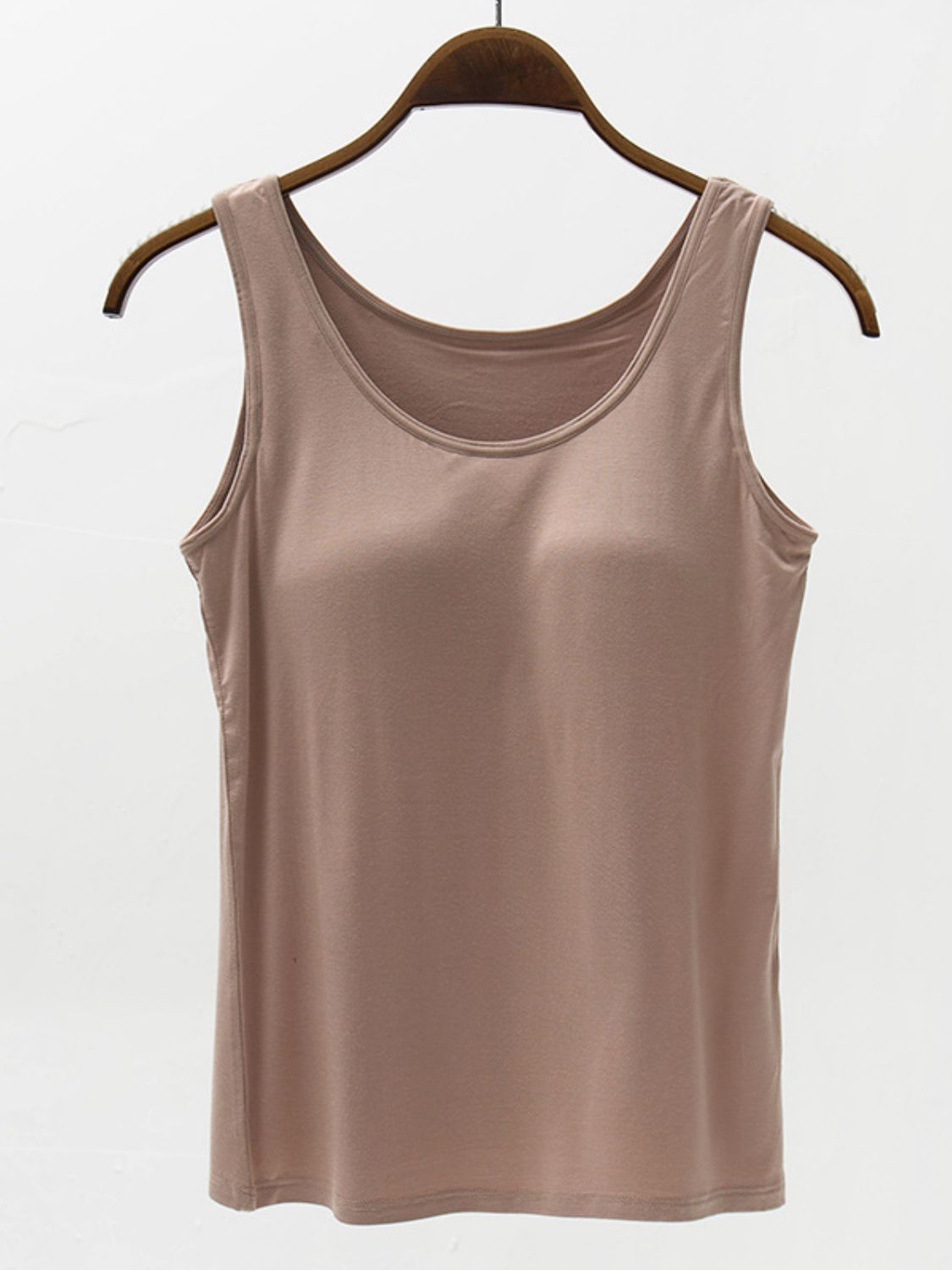 Full size wide strap modal tank with built-in bra, moderately stretchy.
