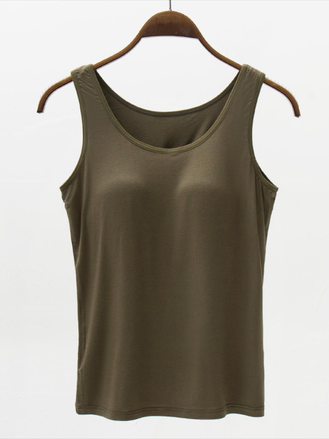 Full size wide strap modal tank with built-in bra, moderately stretchy.