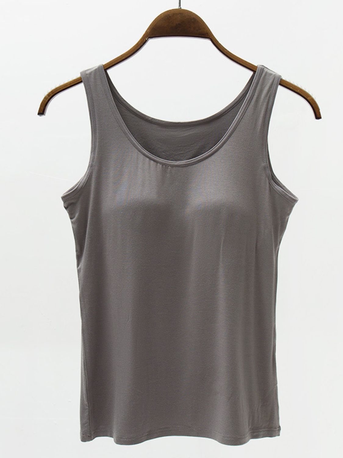 Full size wide strap modal tank with built-in bra, moderately stretchy.