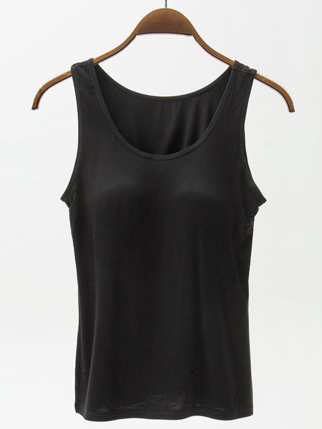 Full size wide strap modal tank with built-in bra, moderately stretchy.