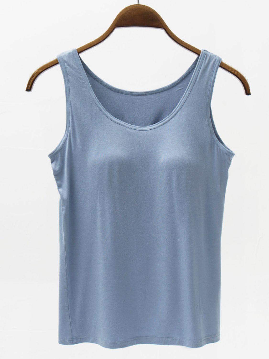 Full size wide strap modal tank with built-in bra, moderately stretchy.