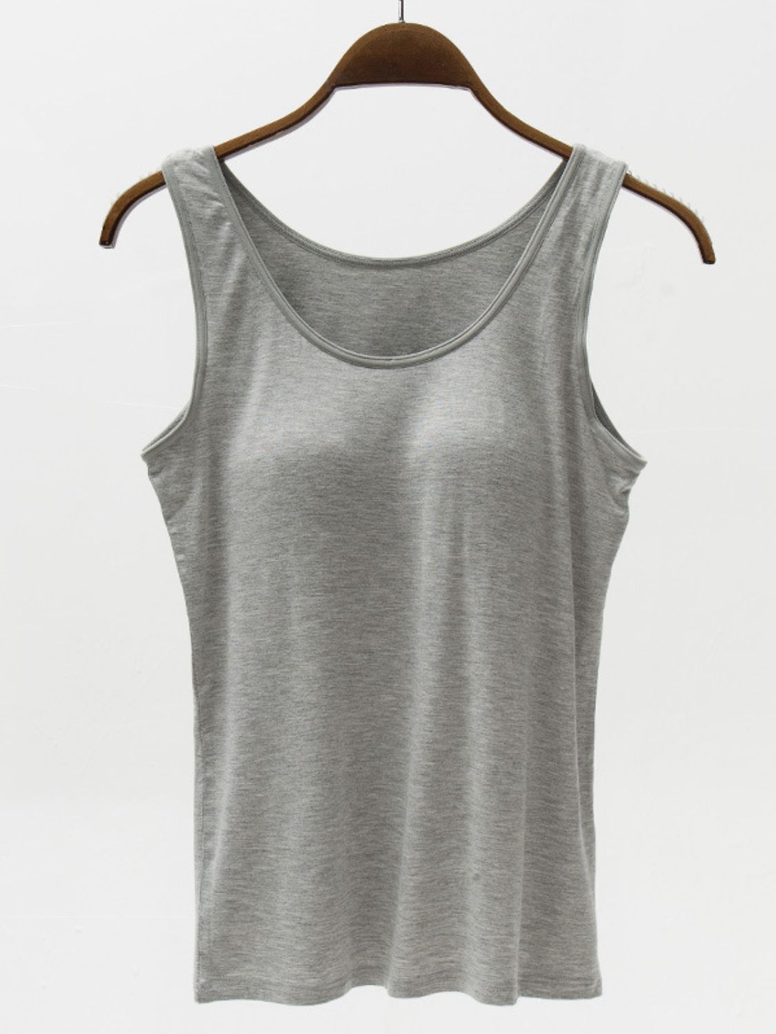 Full size wide strap modal tank with built-in bra, moderately stretchy.