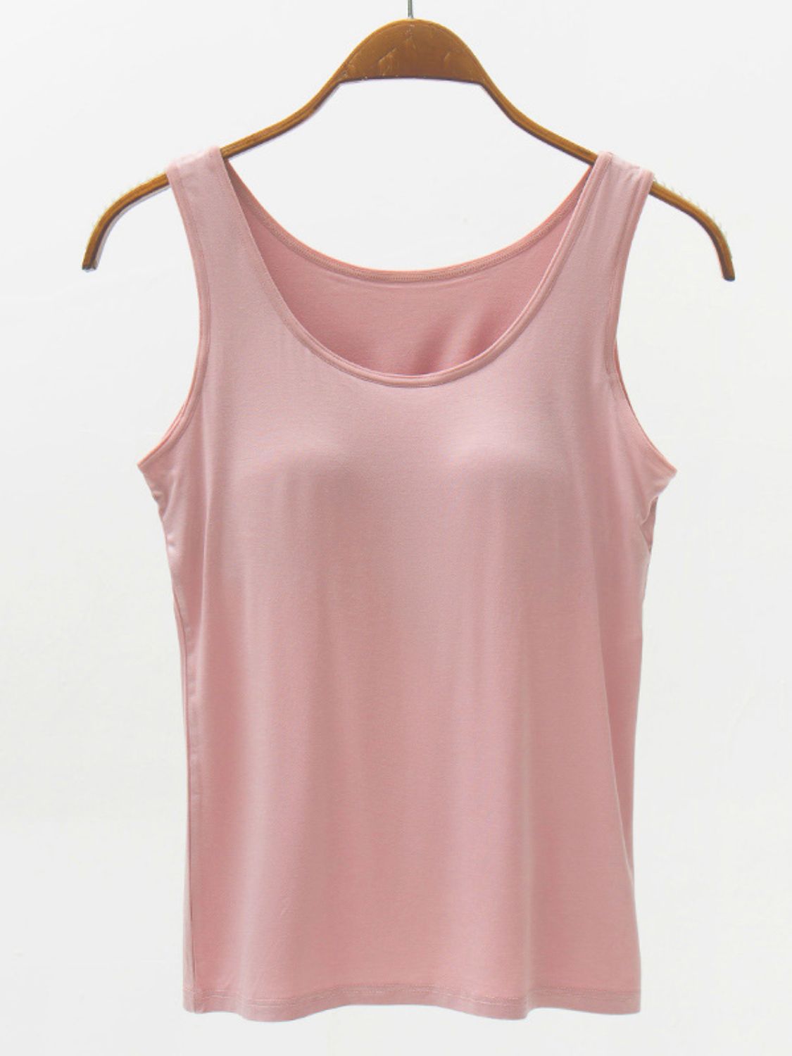 Full size wide strap modal tank with built-in bra, moderately stretchy.