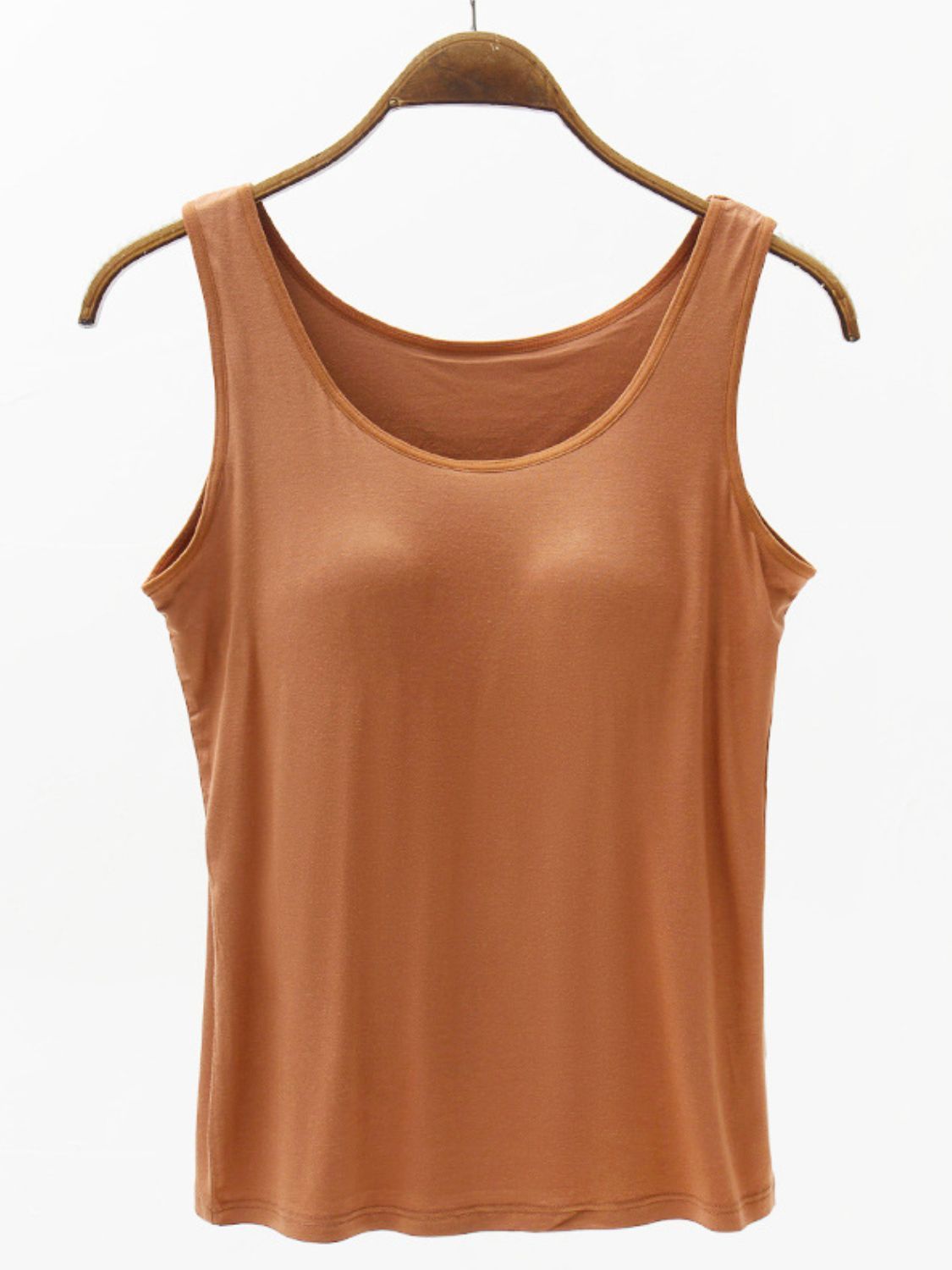 Full size wide strap modal tank with built-in bra, moderately stretchy.