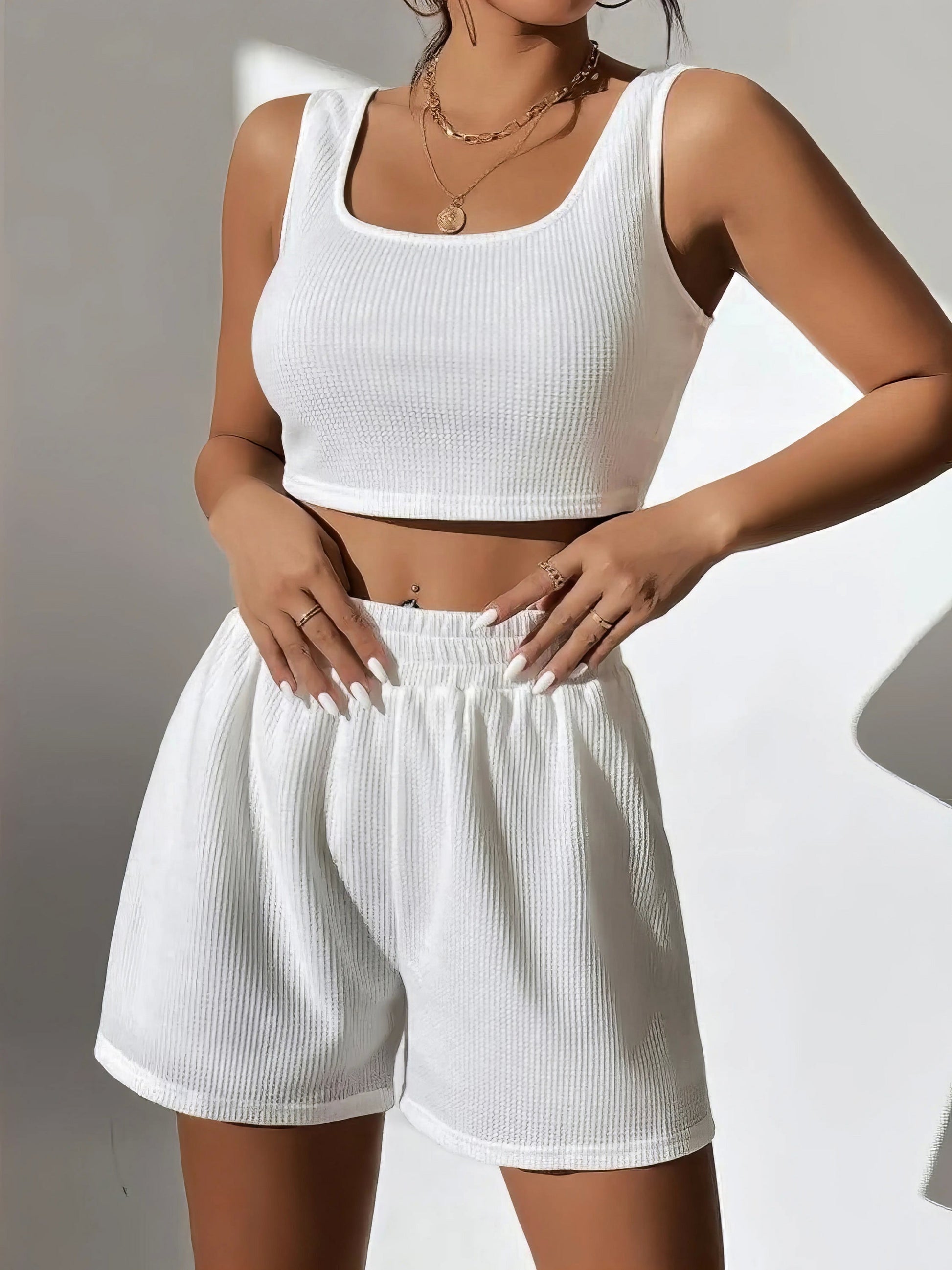 Plus size wide strap tank and shorts set, women's comfortable two-piece outfit, basic style, non-stretch polyester spandex blend, ideal for everyday casual wear