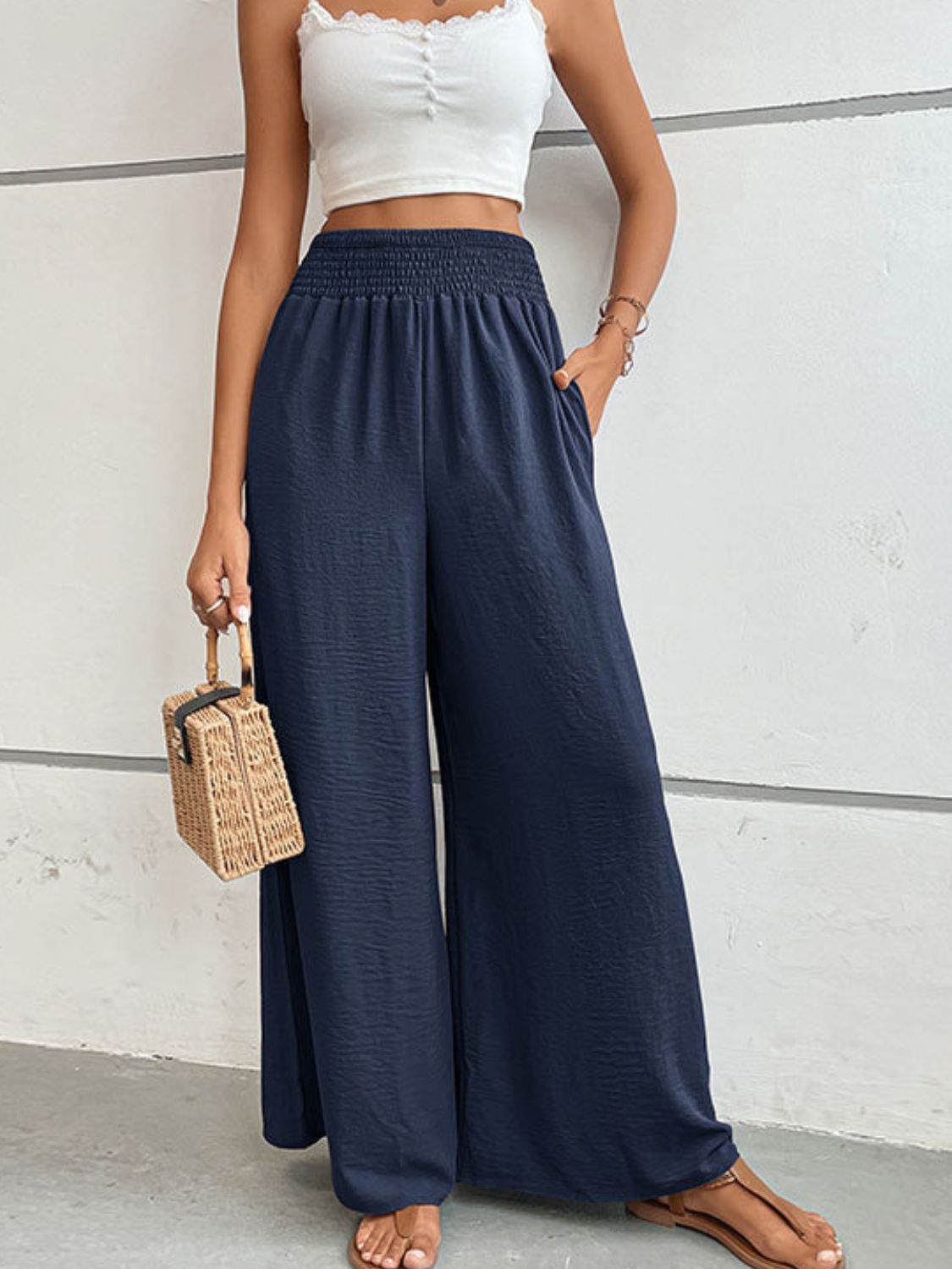 Wide waistband relax fit long pants, casual style.